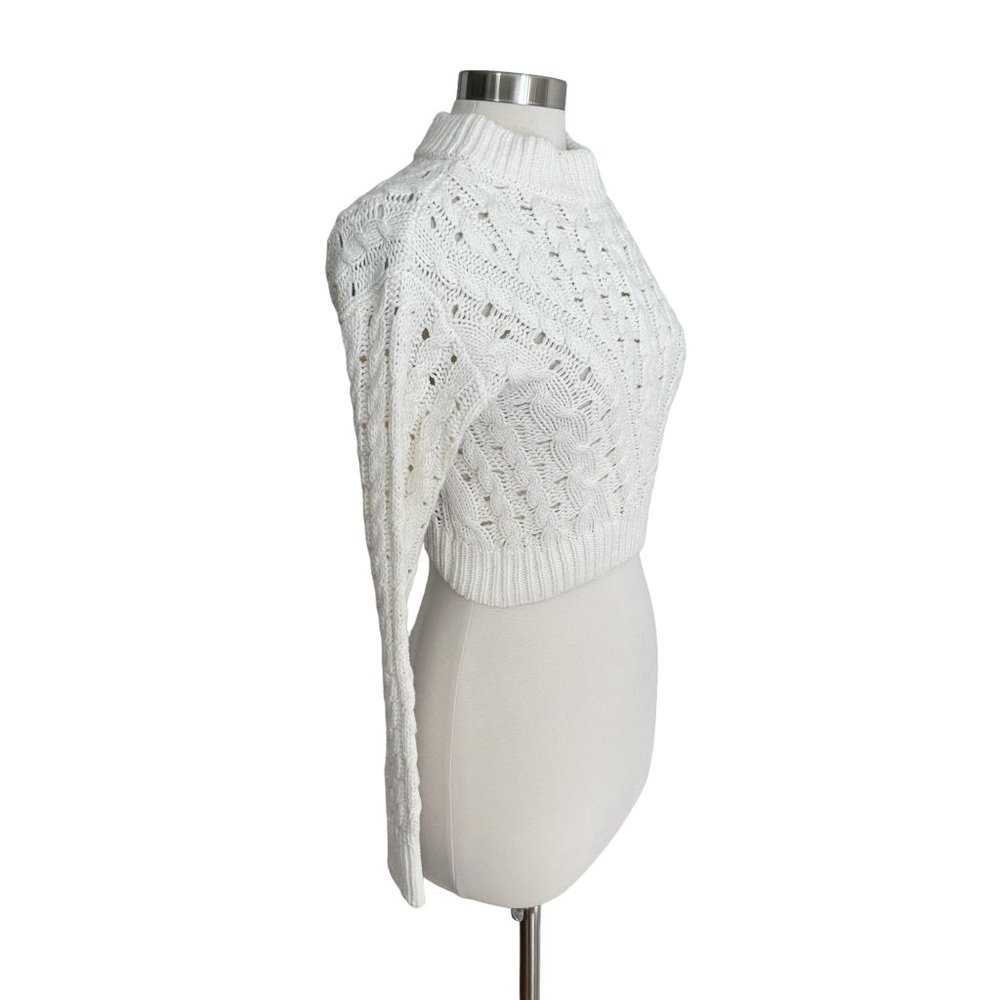 LPA Size XS White Chunky Cable Knit Mock Neck Cropped Long Sleeve Sweater - Picture 3 of 8